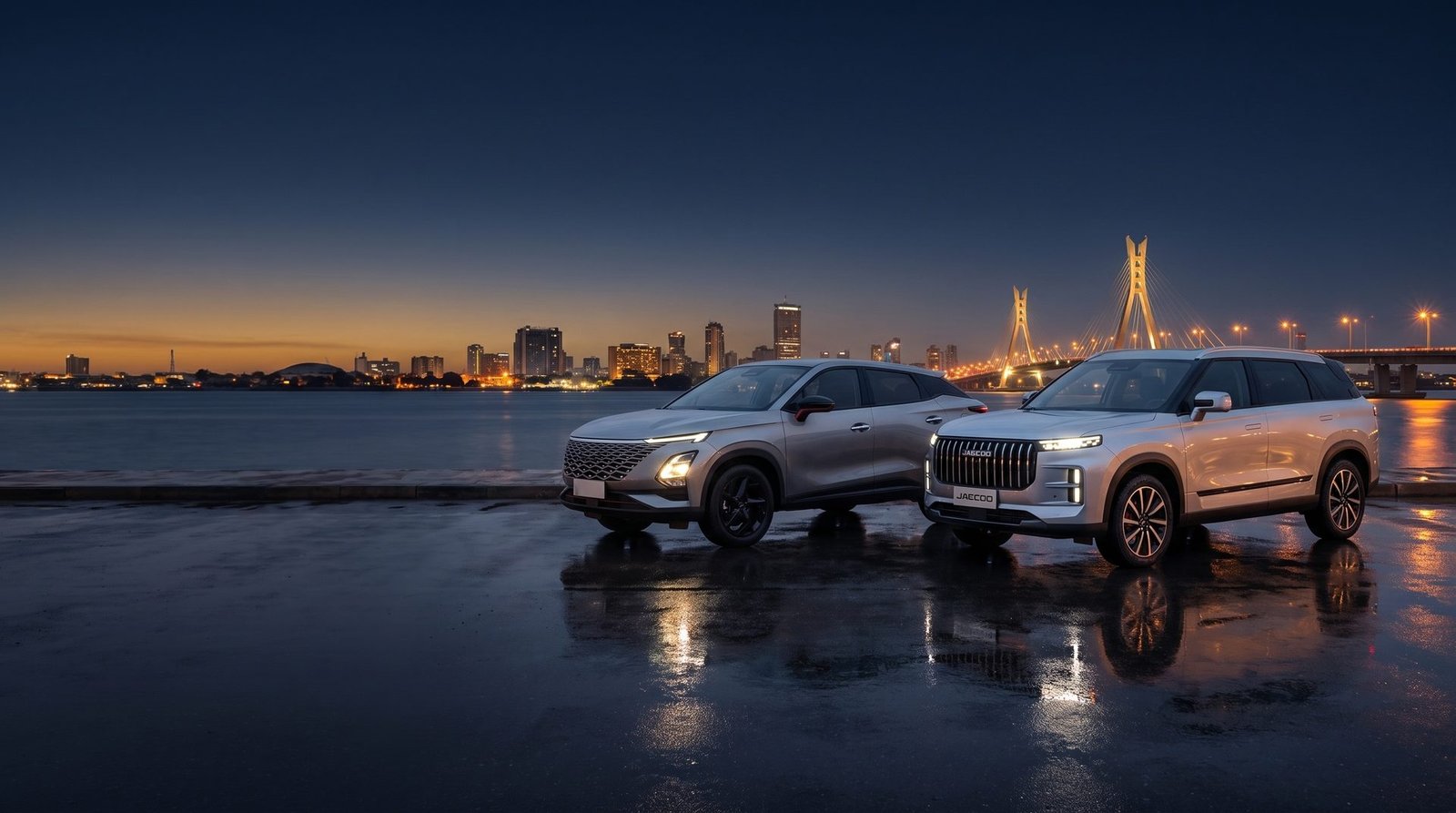 OMODA C5 and JAECOO J7 on the Lagos waterfront at blue hour, Lekki–Ikoyi bridge behind