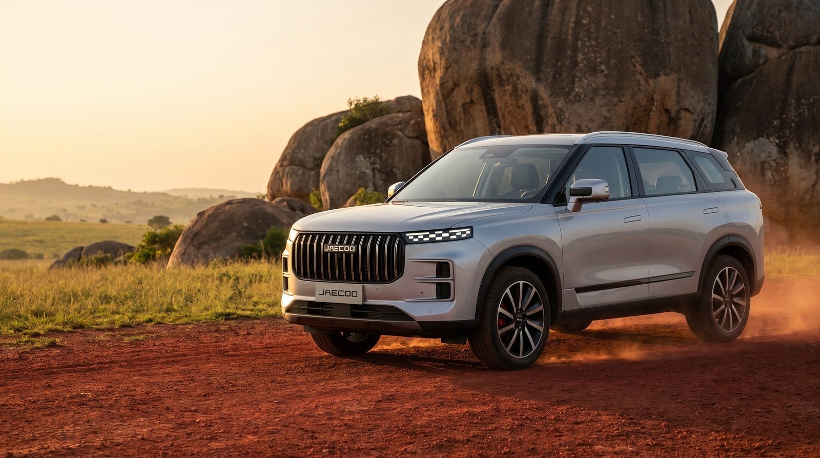 JAECOO J7 on a red laterite road on the Jos Plateau at golden hour
