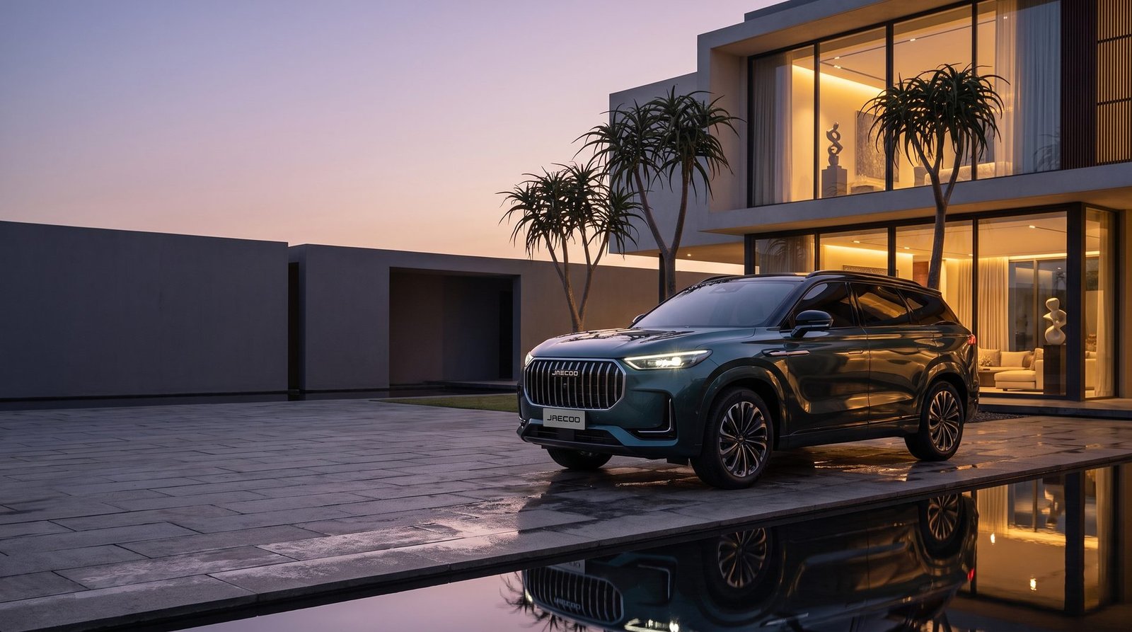 JAECOO J8 on a villa driveway in Banana Island, Lagos at dusk