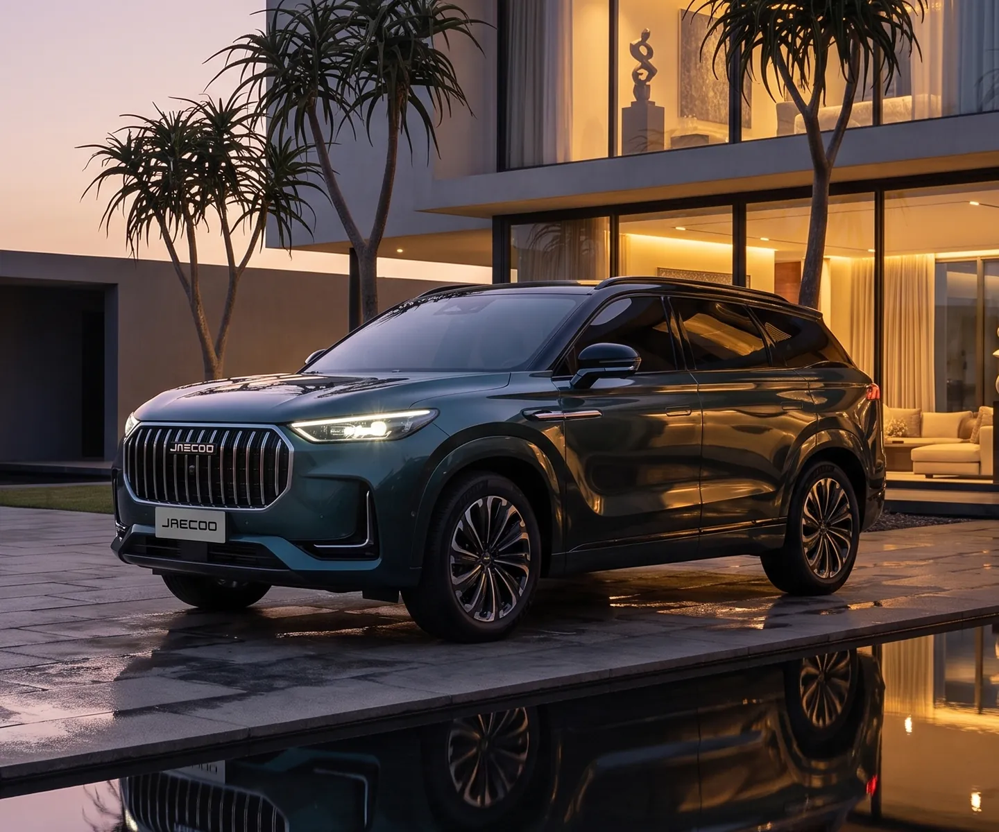 JAECOO J8 flagship presence at dusk